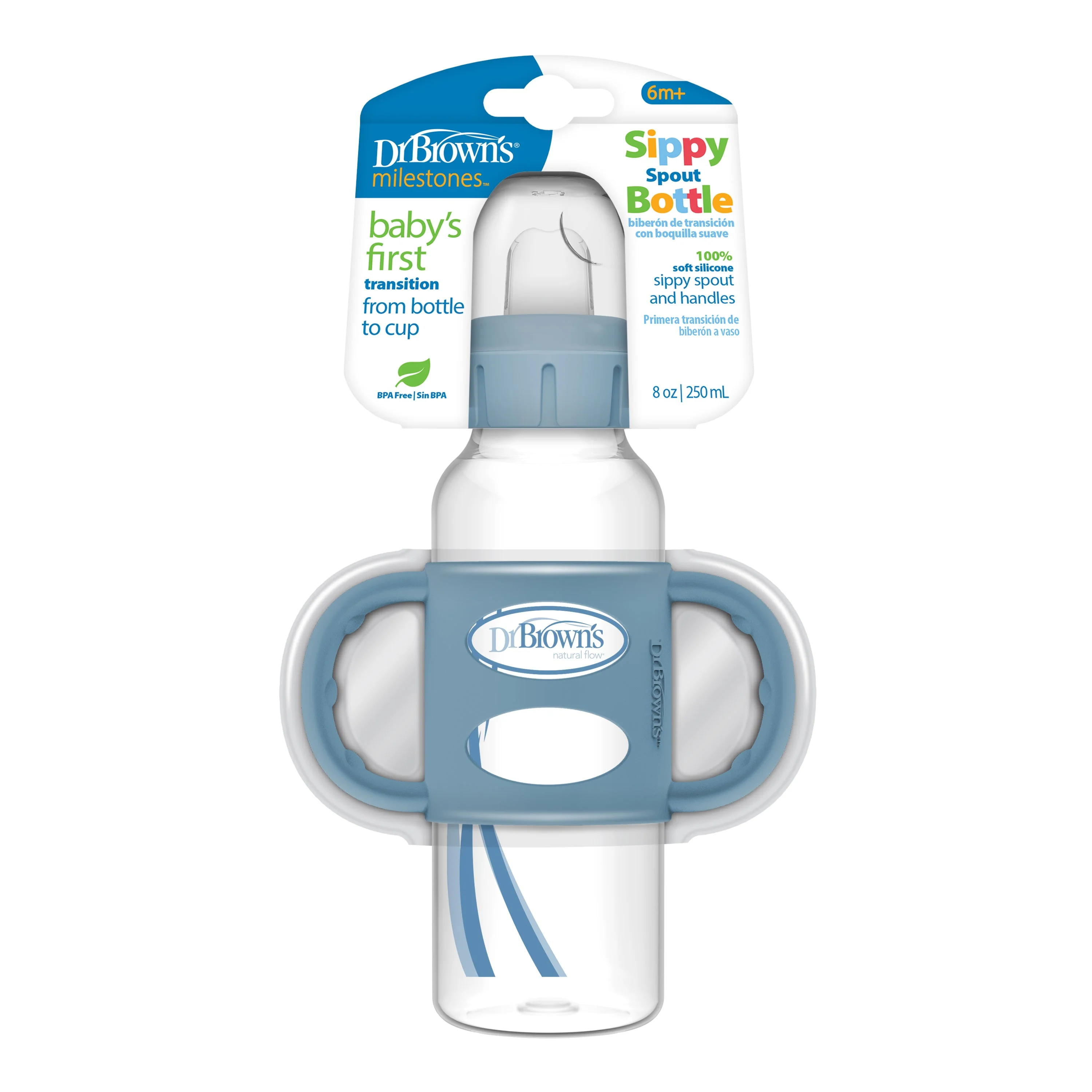 Dr. Brown’s Milestones™ Narrow Sippy Bottle with Silicone Handles, 8oz/250mL, 6m+ Blue - Image 2