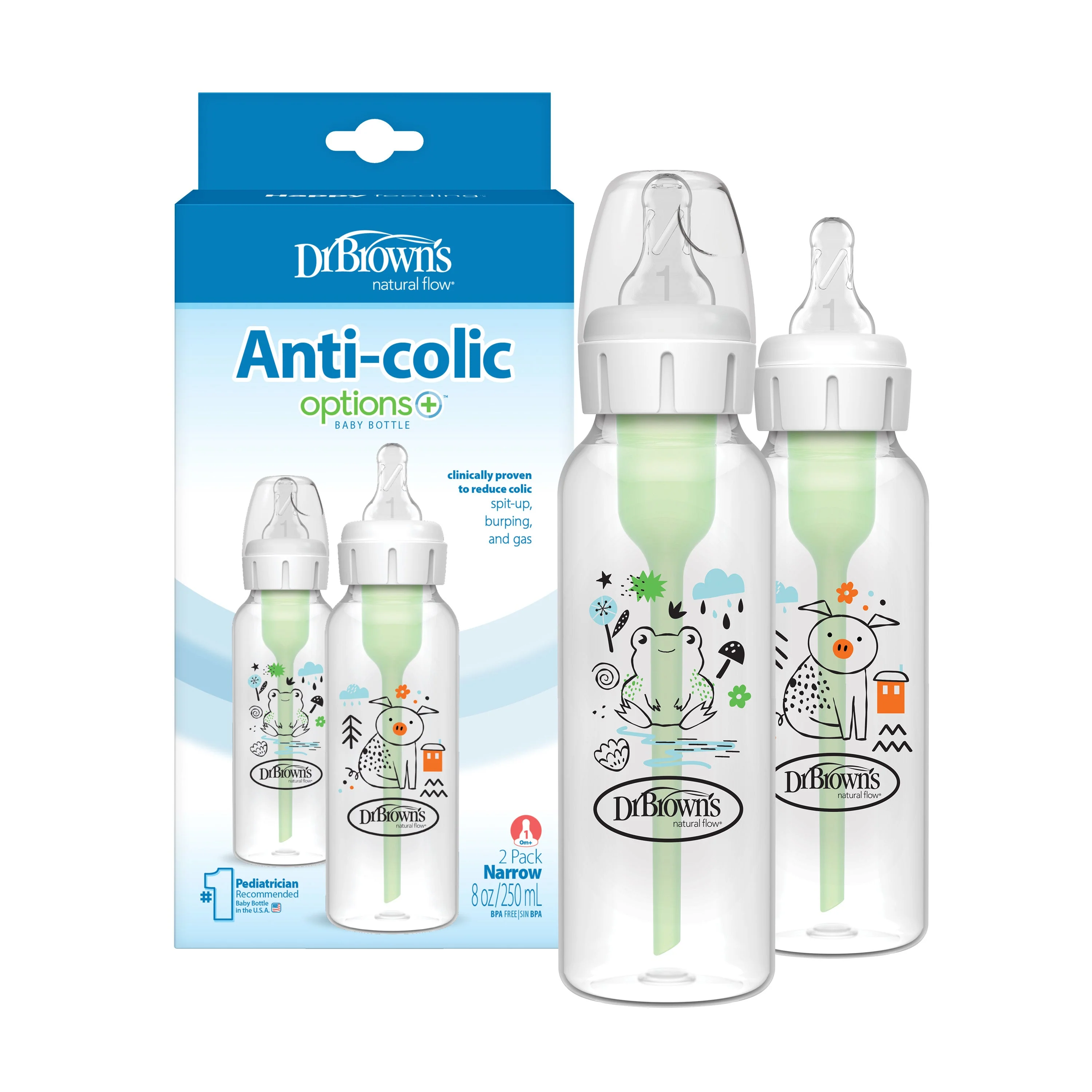 Dr Brown's 250ml Narrow Options+ Bottle Pig Frog 2pk