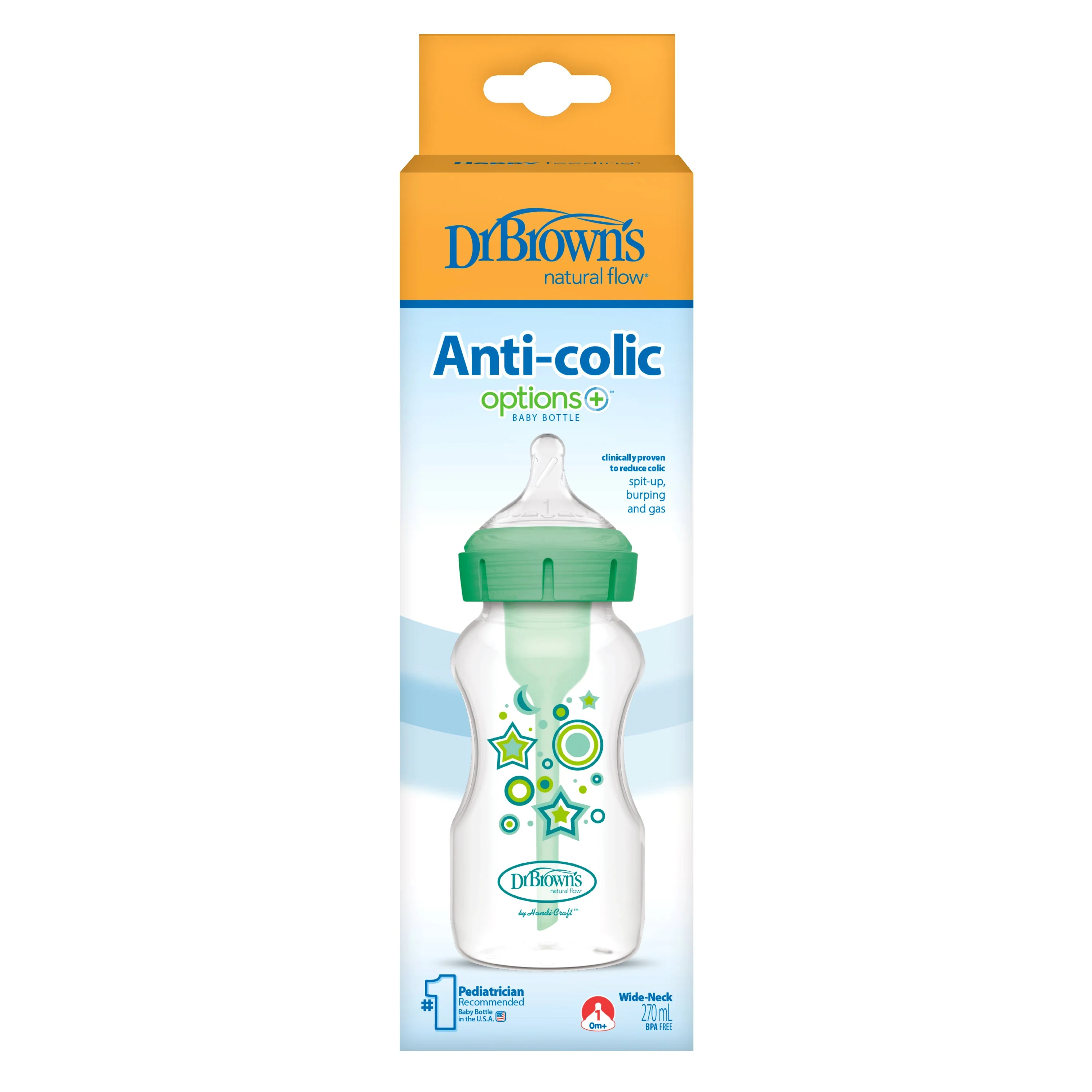 Dr. Brown's 270 mL Anti-Colic Options+ Baby Bottle, Green Stars, 1-Pack - Image 2