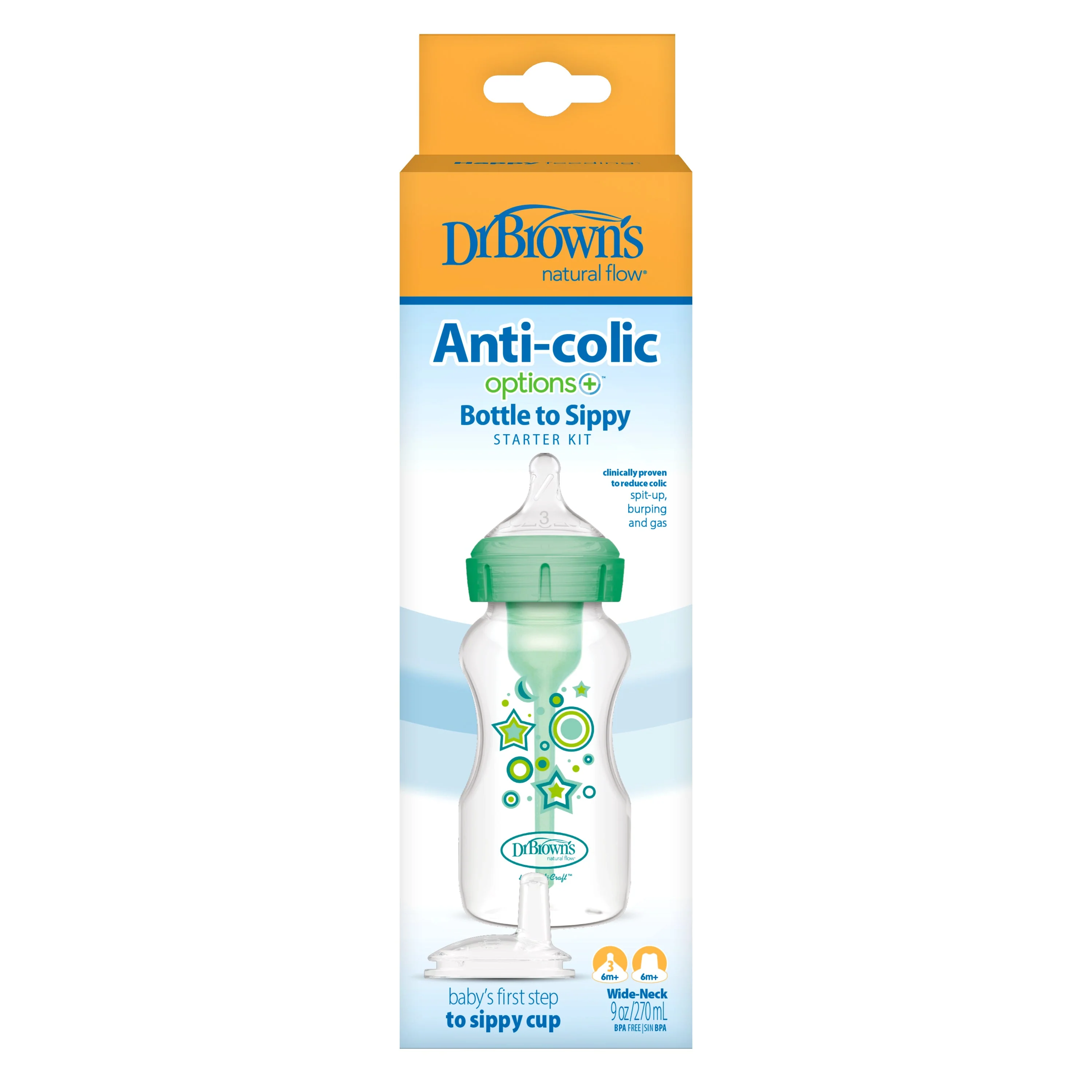 Dr. Brown's 270ml Wide-Neck Transition Bottle - Green Stars - Image 2