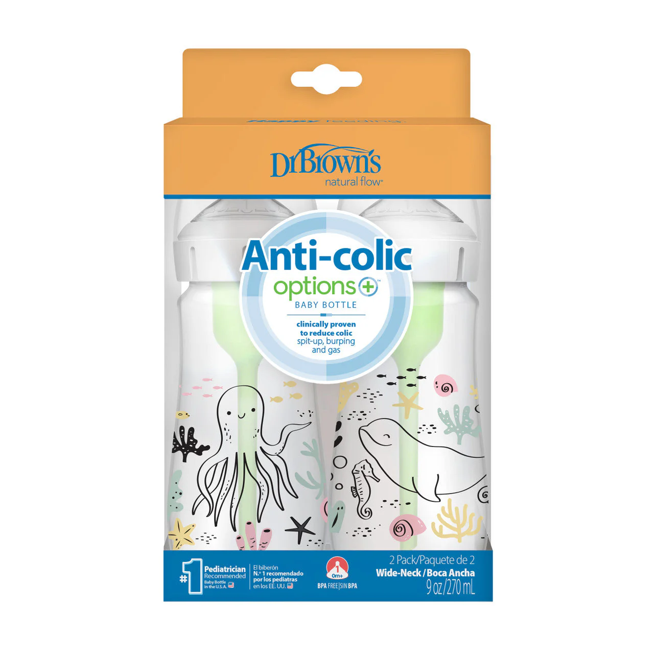 Dr Brown's Anti-Colic Options+ Wide-Neck Baby Bottle, 9oz/270ml, 2-Pack - Designs - Image 3