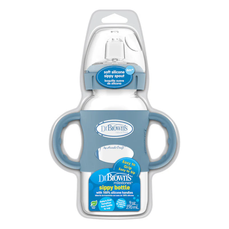 Dr Brown's Milestones 270 ml  Wide-Neck Sippy Bottle with Silicone Handles Blue - Image 3