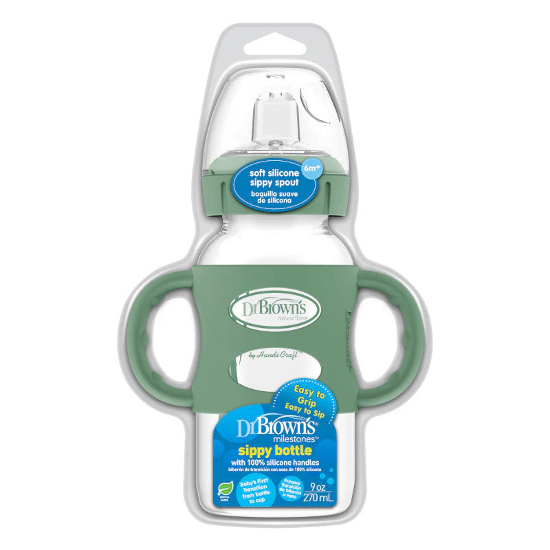 Dr Brown's Milestones 270 ml  Wide-Neck Sippy Bottle with Silicone Handles Khaki Green - Image 4