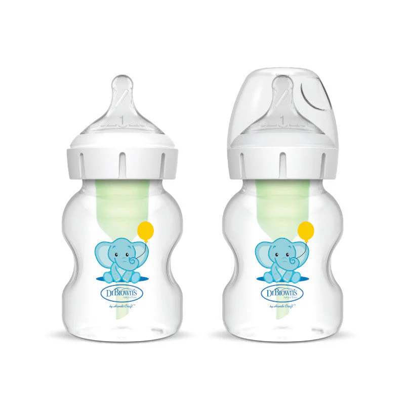 Dr Brown's Options+ Anti-Colic 150ml Baby Bottle Twin Pack, Elephant Design