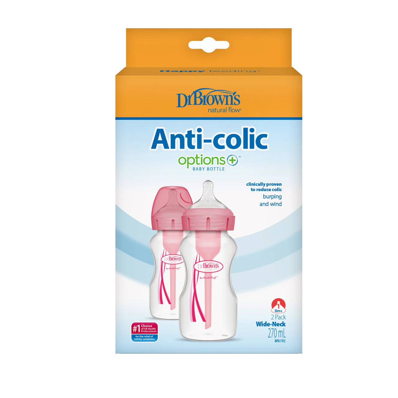 Dr Brown's Options+ Anti-Colic Baby Bottle Pink Twin Pack 270ml - Image 2