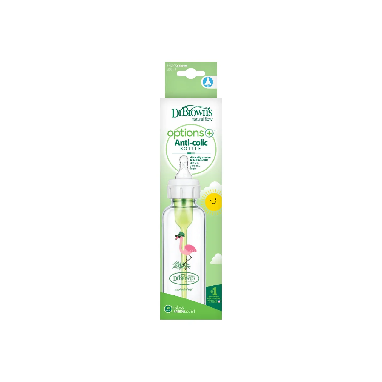 Dr Brown's Options+ Narrow Neck 250ml Single Glass Bottle with Flamingo Design - Image 3